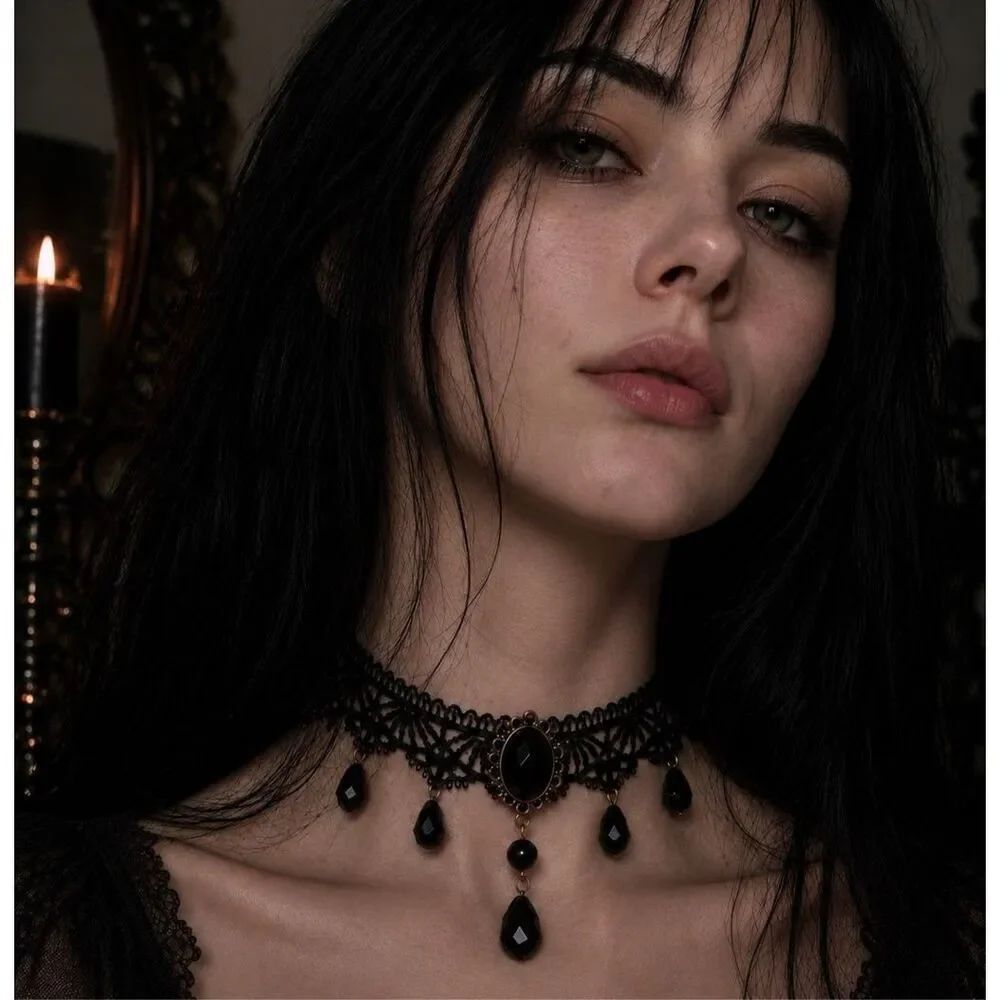 Gothic Black Lace Choker Necklace with Beaded Drops